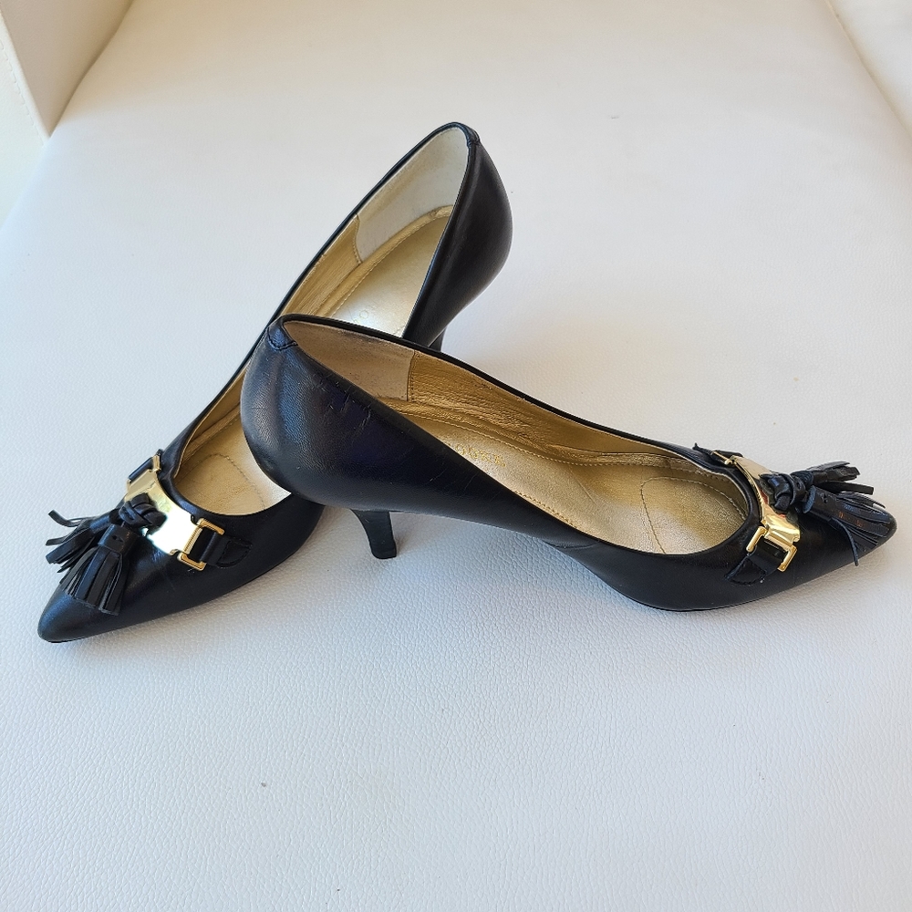 Audrey Brooke pointy toe black leather kitten heel